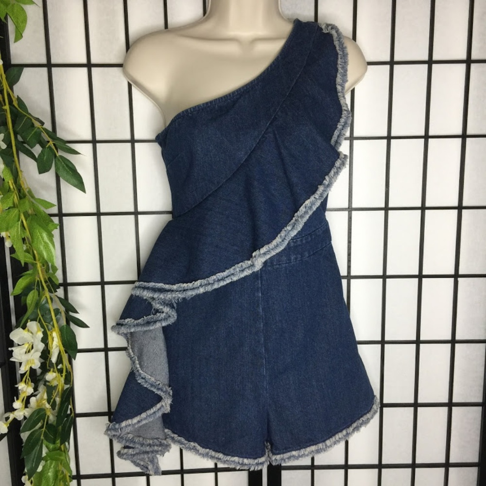 Do + Be Denim One Shoulder Ruffle Romper 1E - Picture 1 of 5